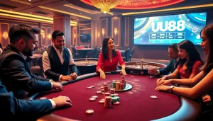 Players enjoying a poker game at a luxurious casino, highlighting the uu88 betting experience.