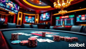 Experience the thrill of casino gaming with เว็บตรง soibet, featuring a vibrant poker table and roulette wheel.