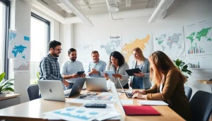 GEO Agentur team collaborating on geomarketing strategies in a modern office.