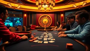 Experience the thrill at https://ta88.biz/, where players engage at a luxurious poker table in an exciting casino atmosphere.