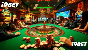 I9BET thrilling casino scene with players at a roulette table, vibrant slot machines, and poker chips.