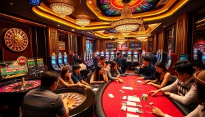 Experience the excitement of gambling at TR88's luxurious casino with vibrant tables and lively players.