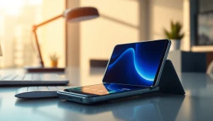 Samsung Galaxy S8 smartphone showcased on a modern desk, highlighting its sleek design and vibrant display.