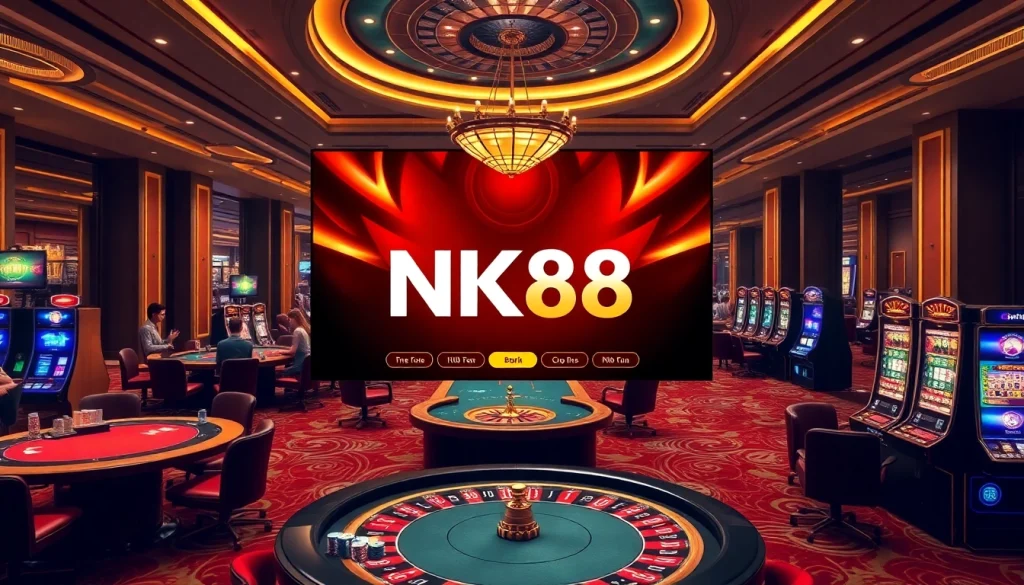 Engaging players at the NK88 casino table with vivid poker chips and bright lights.