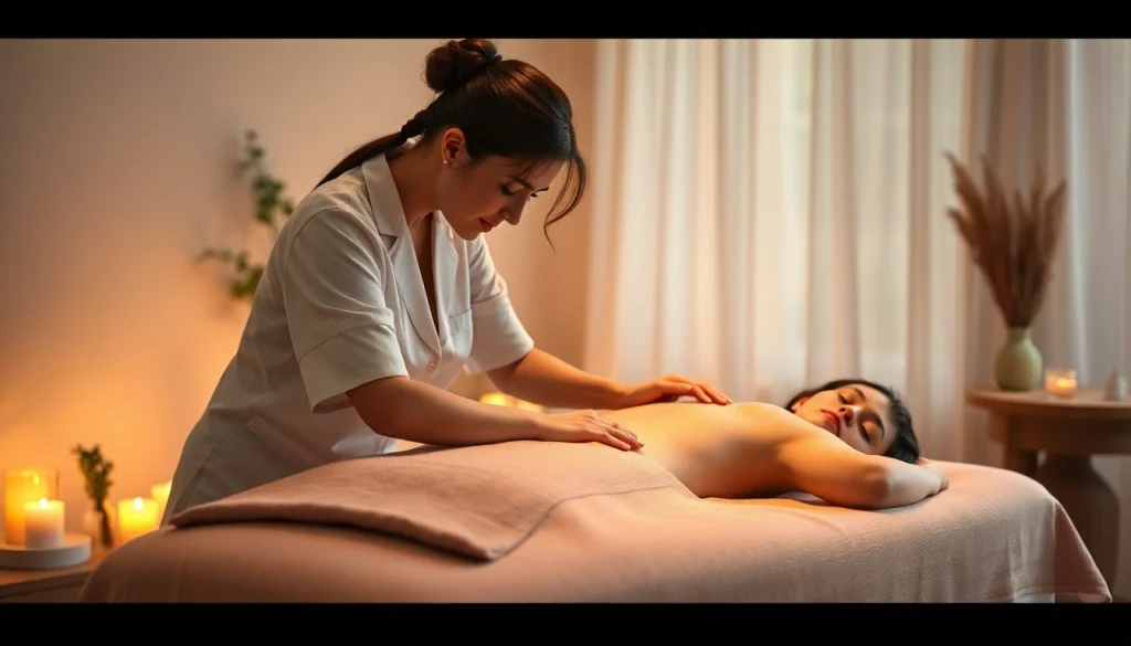 출장마사지 scene featuring a professional female therapist providing a relaxing massage in a calming home environment.