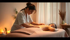 출장마사지 scene featuring a professional female therapist providing a relaxing massage in a calming home environment.