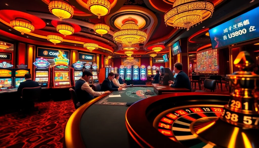 Players enjoying a thrilling poker game at U888 casino with vibrant slot machines in view.