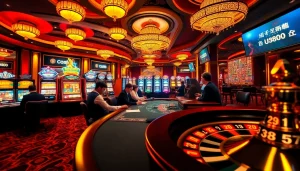 Players enjoying a thrilling poker game at U888 casino with vibrant slot machines in view.