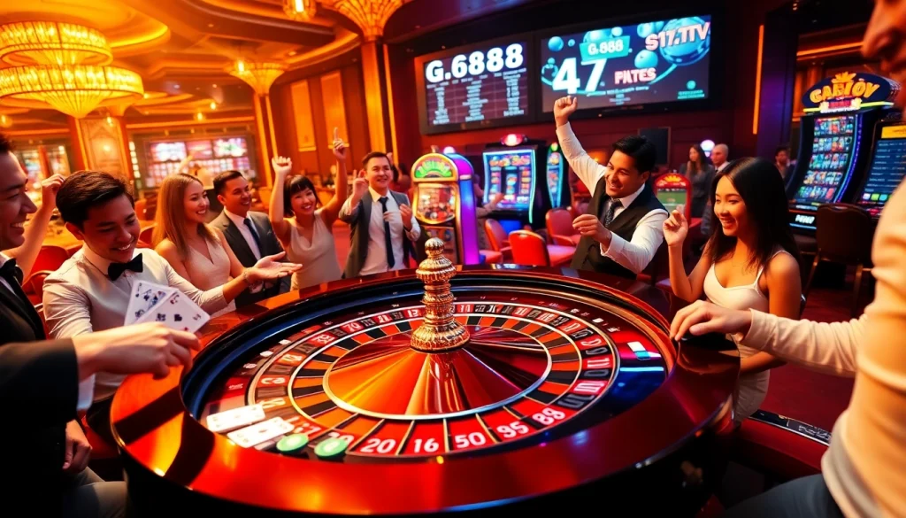 Players enjoying thrilling roulette action at a casino, showcasing GK88 excitement and luxury.