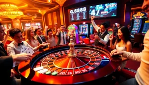 Players enjoying thrilling roulette action at a casino, showcasing GK88 excitement and luxury.