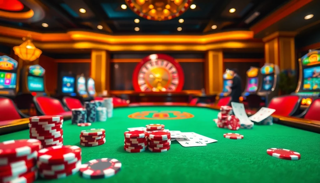 S8OK COM captivating casino scene featuring poker chips, cards, and a roulette wheel.