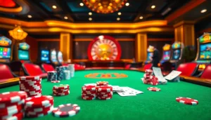 S8OK COM captivating casino scene featuring poker chips, cards, and a roulette wheel.