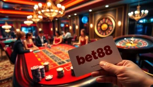 Gamblers enjoying a thrilling moment at Bet88 casino with vibrant tables and colorful chips.