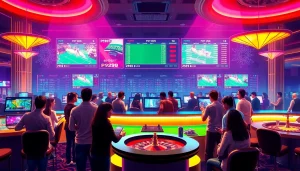 Engaged players betting at PS99 thể thao in a luxurious casino setting with vibrant visuals.