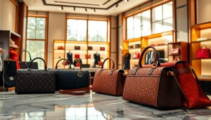 레플리카 가방이 매력적으로 전시된 고급스러운 공간의 모습입니다.