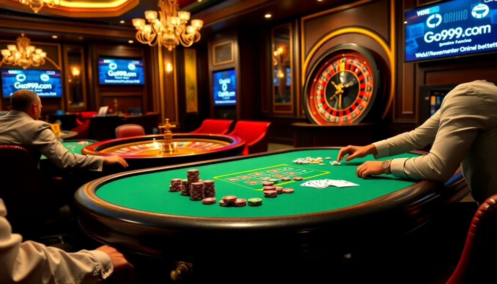 Engaging players at a poker table with go999.it.com branding amidst a lively casino atmosphere.