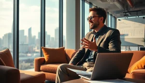 Engaging business coach Los Angeles facilitating a session in a bright urban office.