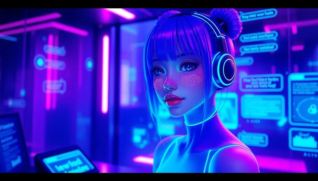 Engaging NSFW AI chat interface with futuristic avatar and neon colors