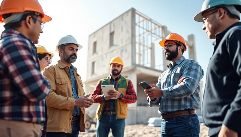 Construction workforce development: workers engaged in training and collaboration at a construction site.