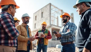 Construction workforce development: workers engaged in training and collaboration at a construction site.