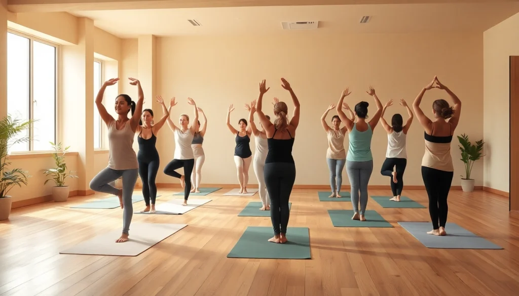 札幌の安価なホットヨガスタジオの静かな光景。さまざまな人々がヨガを練習している様子を描き、コミュニティと安らぎを強調。