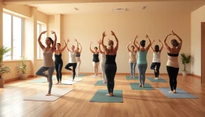 札幌の安価なホットヨガスタジオの静かな光景。さまざまな人々がヨガを練習している様子を描き、コミュニティと安らぎを強調。