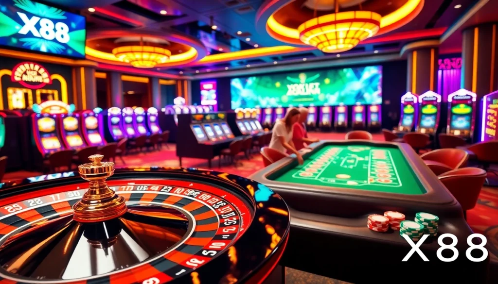 Experience the thrill of X88 at a vibrant casino with poker tables, roulette wheel, and colorful chips.