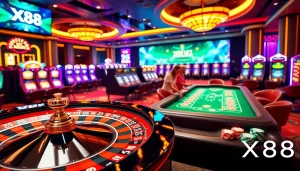 Experience the thrill of X88 at a vibrant casino with poker tables, roulette wheel, and colorful chips.