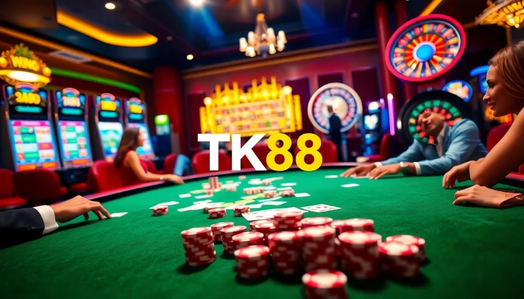 Engagement at the TK88 poker table surrounded by colorful slot machines and vibrant casino ambiance.