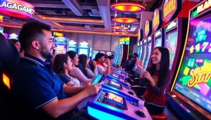 LAGAGAME77 online gaming scene showcasing excited players enjoying vibrant slot games.