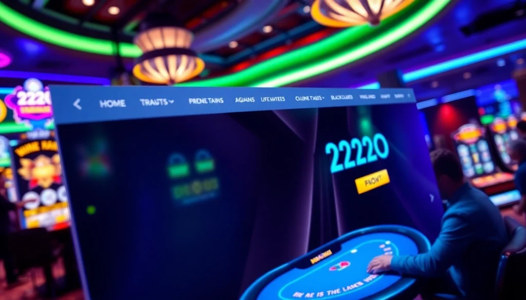 222O online betting platform interface with dynamic games and vibrant ambiance.