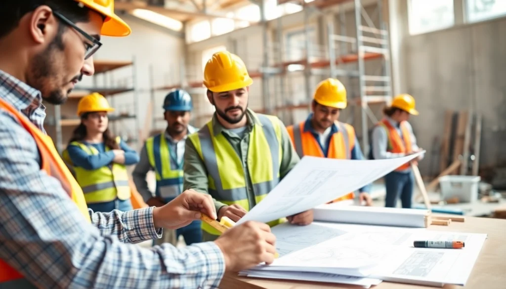 Engaged apprentices in a construction apprenticeship measuring materials and analyzing blueprints, promoting skill development.