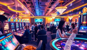 Engaging players in an exciting online crypto casino environment, showcasing dynamic games and cryptocurrency elements.