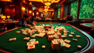 Terlibat dalam Link Mahjong di lingkungan kasino mewah sambil mencocokkan ubin yang berwarna-warni.