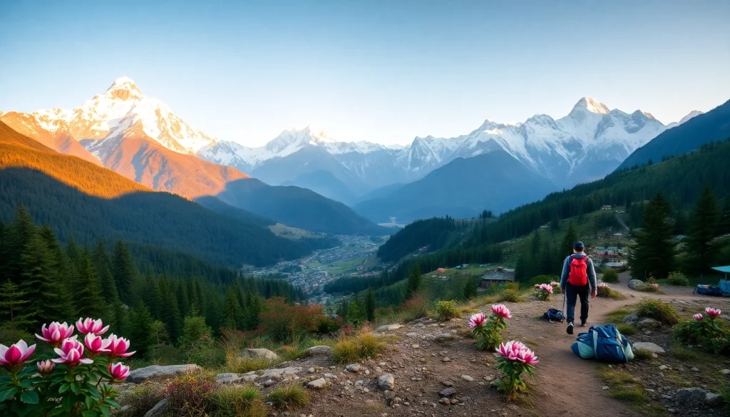Manaslu Circuit trekking scene with hikers amidst stunning mountain views and lush valleys.