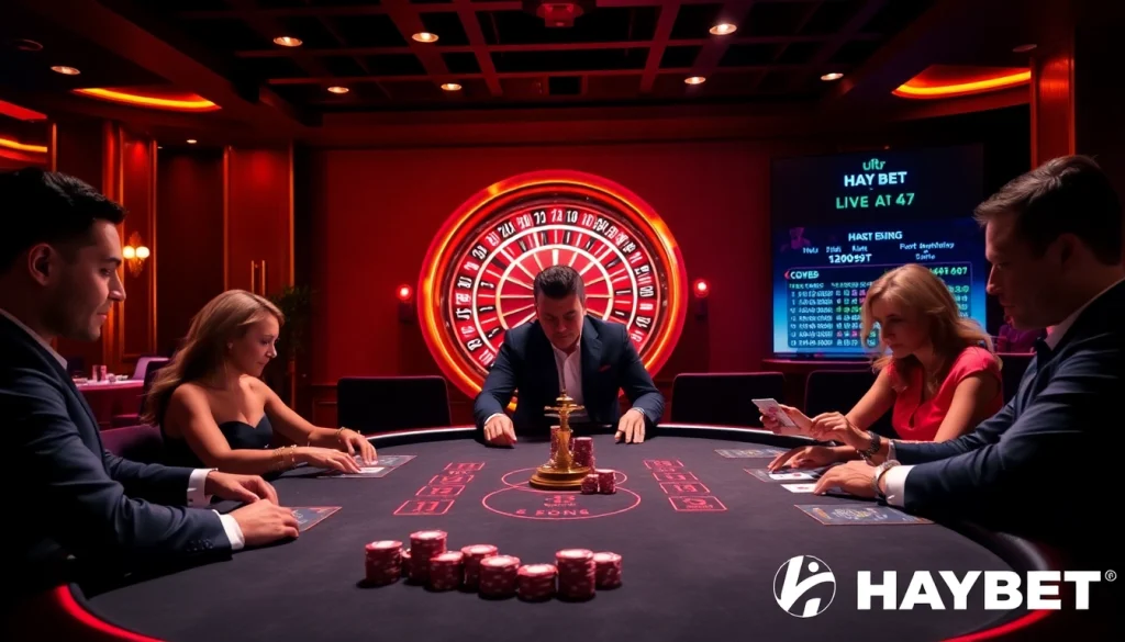 Players engaging at a luxurious HAYBET poker table, showcasing high-stakes excitement and glamour.