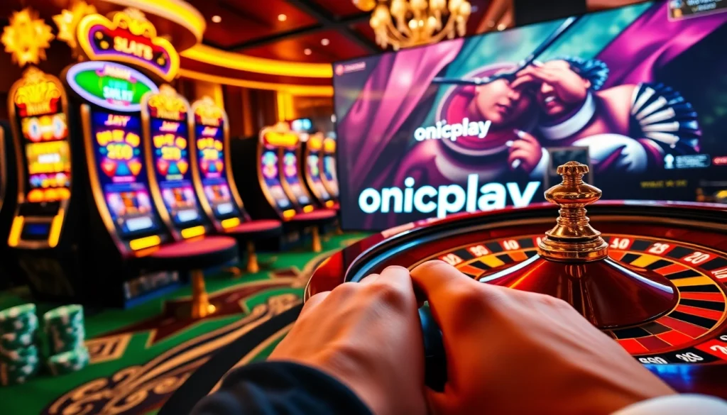 Experience the excitement of onicplay with vibrant slot machines and poker chips.