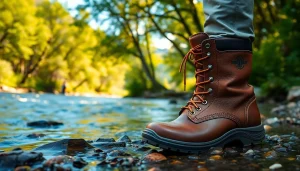 Fly fishing boots highlighted on a riverbank, showcasing their waterproof features and rugged design.