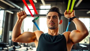 Fitness enthusiast using assisted pull-up bands in a vibrant gym setting