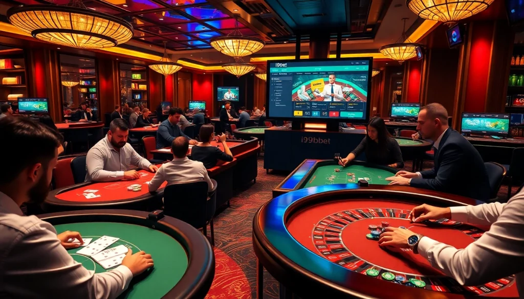 Engaging players at i9bet casino tables with vibrant lights and gaming action.