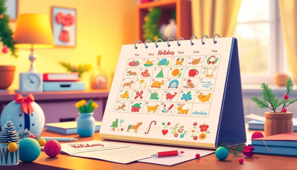 Colorful desk calendar with holidays for 2026, featuring festive icons and a cozy home office setting.