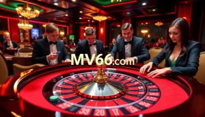Experience the thrill of betting at the roulette table at MV66.com with vibrant colors and luxurious elements.