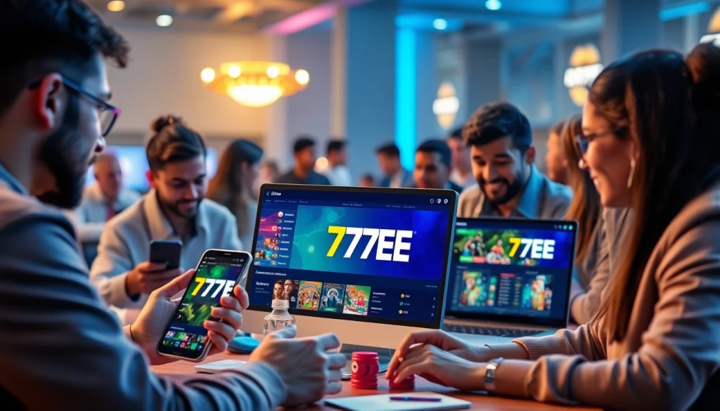 Engage with the 77EE online betting platform, showcasing sports and casino excitement in a vibrant environment.