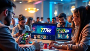 Engage with the 77EE online betting platform, showcasing sports and casino excitement in a vibrant environment.