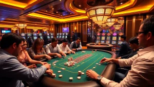 Exciting gambling scene with J88-themed poker table and vibrant casino atmosphere.