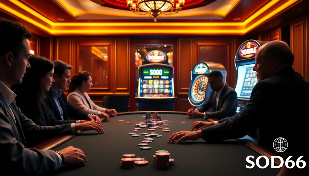 SODO66 table gaming excitement with players at a polished poker table in a luxurious casino setting.