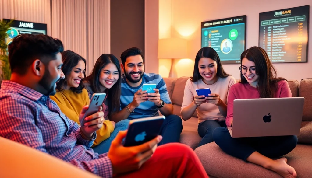 Players enjoying the Jalwa win gaming experience on multiple devices in a cozy setting.