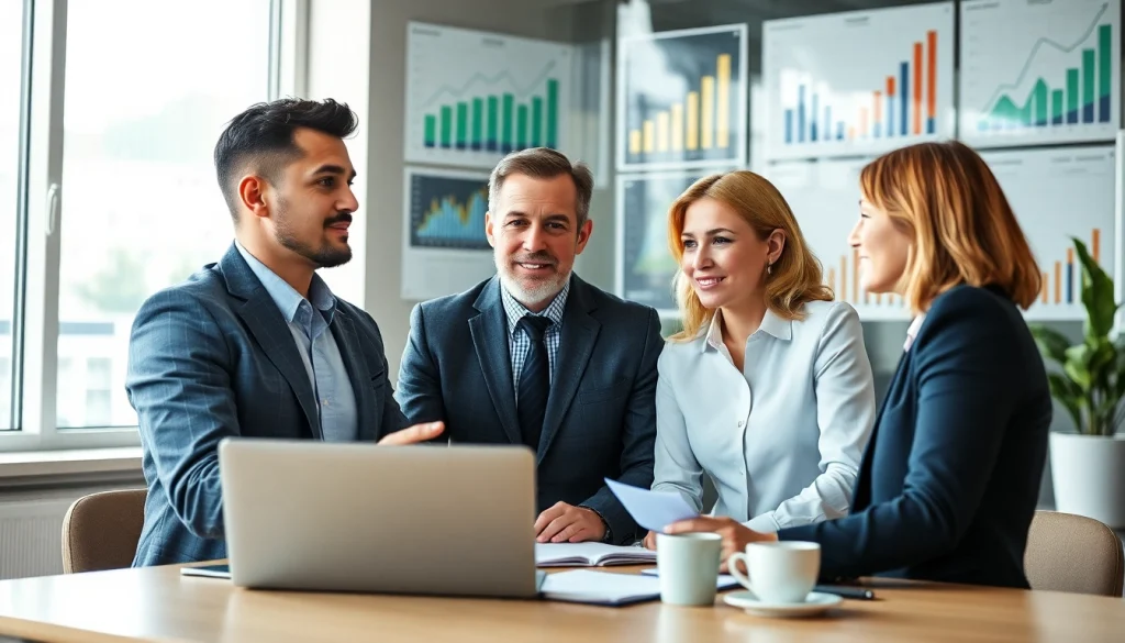 Business growth insights illustrated with professionals brainstorming strategies in a modern office.