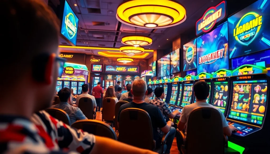 LAGAGAME77 online gaming scene showcasing players engaged in thrilling slot games with vibrant digital interfaces.