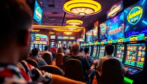 LAGAGAME77 online gaming scene showcasing players engaged in thrilling slot games with vibrant digital interfaces.